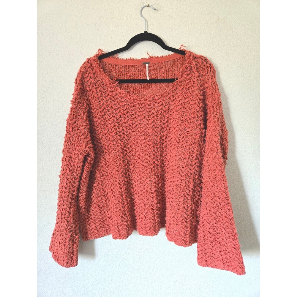 Free People Frayed Scoop Neck Sweater Womens M Slouchy Oversized Flare Sleeve - Picture 11 of 11